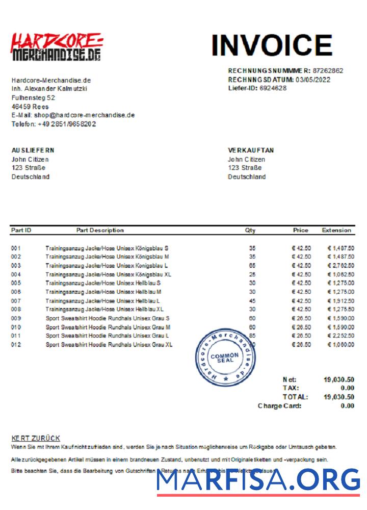 Blank Germany Hardcore Merchandise invoice J. C. xls download for verification